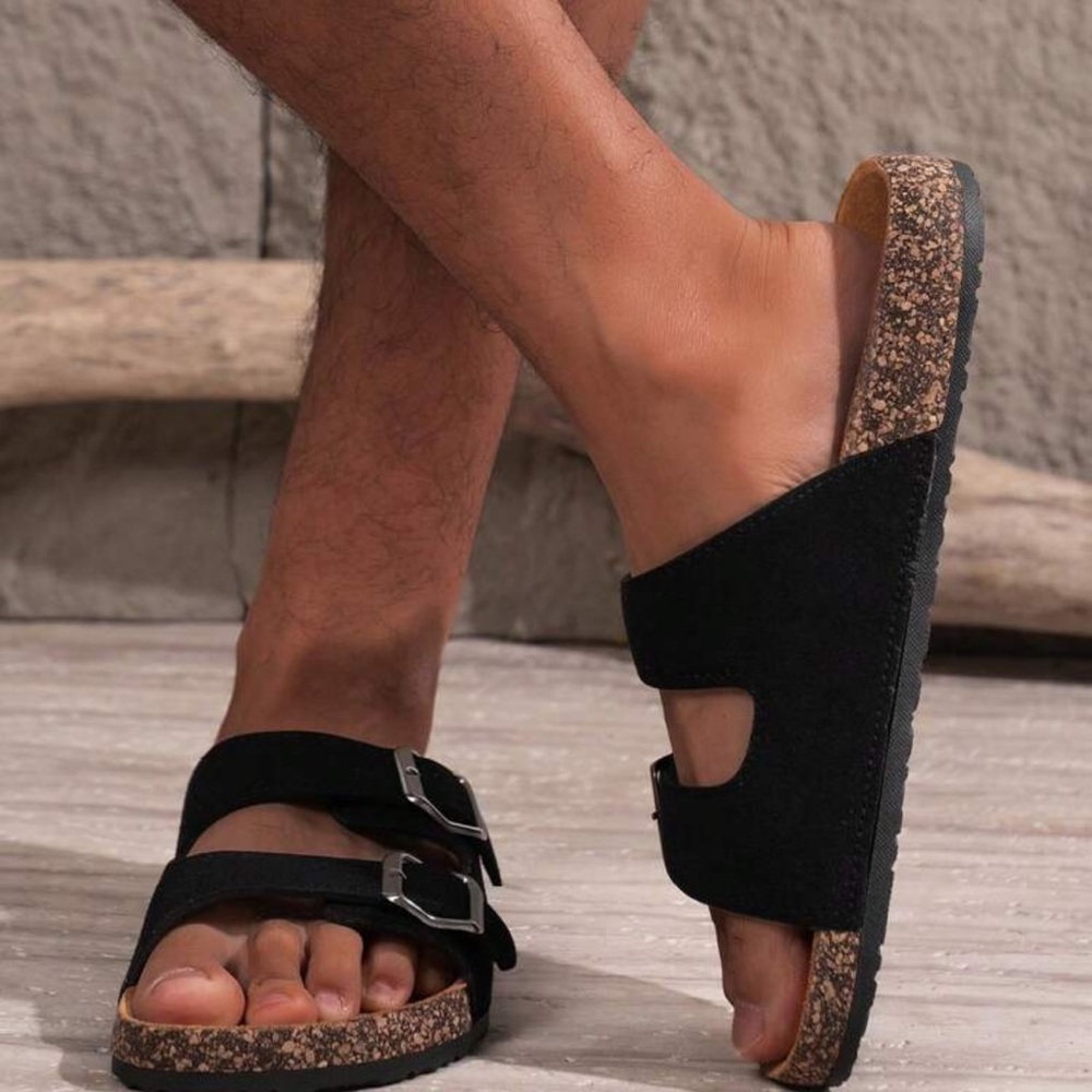 Manfinity Casual Suede Upper Cork Texture Adjustable Hook/Loop Slip-On Slippers